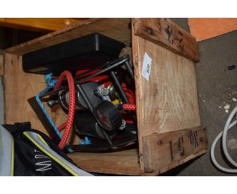 Wooden box of assorted automotive components to include vintage jack, oil can, pump, AA badge, etc