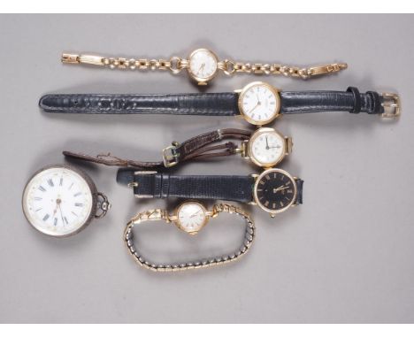 A lady's Zenith 18ct gold cased wristwatch, four other lady's wristwatches and a white metal fob watch with engraved case 