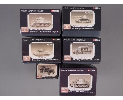 Six Corgi WWII collection "Adversaries" series 1:50 scale die-cast models, Panther tank, two Sherman tanks, Churchill tank, G