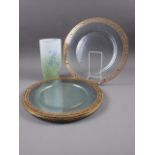 A set of four gilt and enamel decorated glass platters, 14" dia, and a Boda glass landscape vase