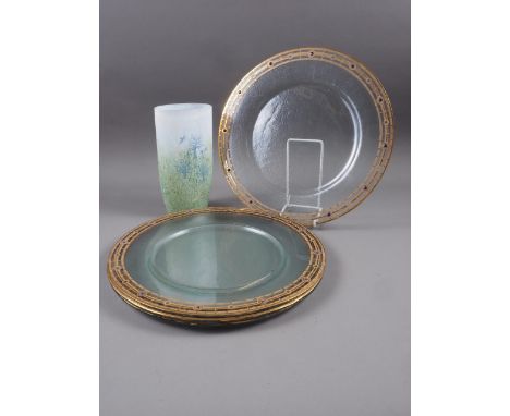 A set of four gilt and enamel decorated glass platters, 14" dia, and a Boda glass landscape vase 