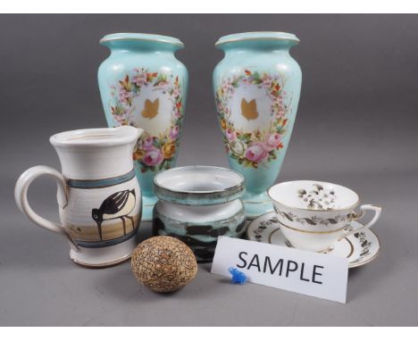 A Royal Worcester "Bernina" pattern part teaset, a Sylvan Wye pot, other studio pottery, a pair of floral decorated vases, 9 