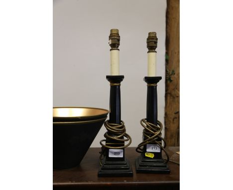 A pair of ceramic and composition table lamps, formed as columns, on square stepped bases, 15 1/2" highCondition:A few small 