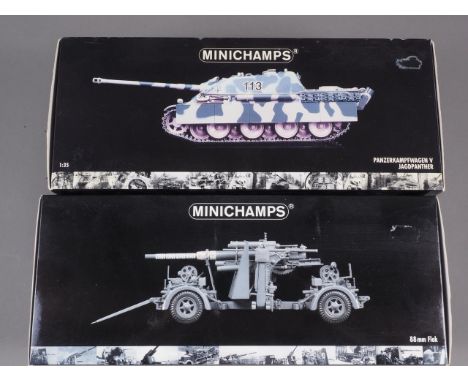 A Minichamps die-cast 1:35 scale model of a Panzerkampfwagen V Jagdpanther, mint and boxed, and a companion 88mm Flak gun, mi