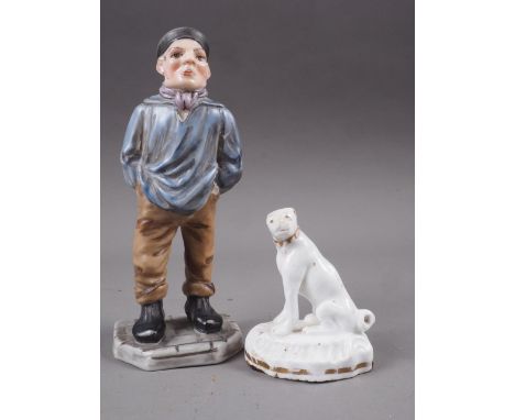 An 18th century Derby? white glazed model of a dog with gilt highlights, 2 3/4" high, and a Royal Worcester figure of a man, 