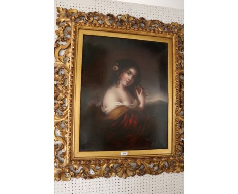 Spanish 19th century school: oil on canvas, portrait of a beauty with rose in her hair, 25 1/2" x 20", in Florentine gilt fra