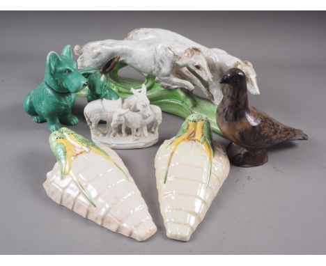 A Myott & Son & Co and Staffordshire "Goldscheider" model of two borzoi, 17 1/4" long (damaged), two Sylvac models, a studio 