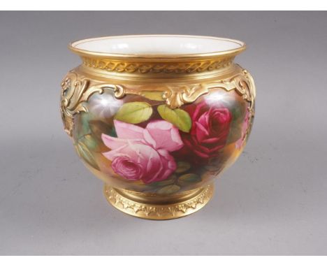 An early 20th century Royal Worcester bone china W H Austin rose decorated jardiniere, 6 1/2" high (rubbing to gilding, star 