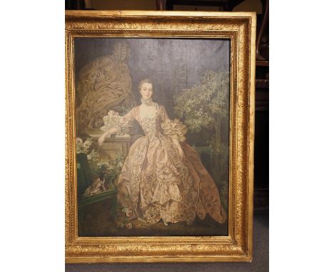An oil on canvas portrait, Madam de Pampadour, 26 1/2" x 20 1/2", in gilt frame, and Marian Rowe: oil on board, "Glendun Rive