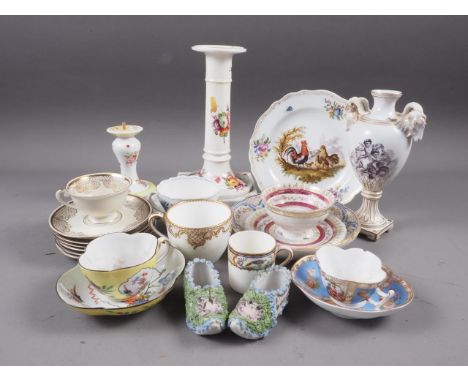 A quantity of mostly Continental china, including a Meissen shaped cabinet plate with central cockerel, hen and chick decorat