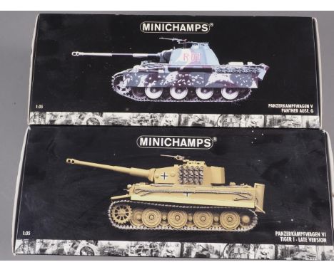 A Minichamps die-cast 1:35 scale model of a Tiger 1 heavy late version, mint and boxed, and a matching Panther AUSF.G, mint a