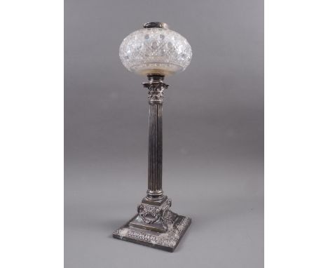 A silver plated and cut glass oil lamp with fluted column and swag decoration to base, 17 1/2" highCondition:One clip on the 