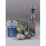 A Belgian blue overlaid clear cut glass faceted and flared rim vase, 6 3/4" high, a green glass oval