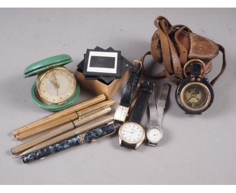 Three gold coloured Messenger pens, two other pens, three lady's wristwatches, a gentleman's wristwatch, an Omega watch box, 