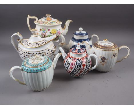 A 18th century Worcester bullet teapot, two Worcester drum teapots, a similar tea caddy and other early 19th century teapots,