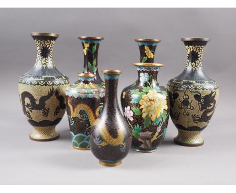 A pair of Chinese cloisonne baluster vases with dragon, lotus flower and scroll decoration, 9 1/2" high (damaged), a similar 