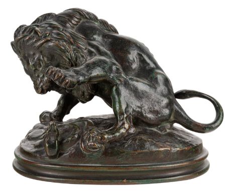 ANTOINE-LOUIS BARYE (FRENCH 1795-1875) Lion au Serpent , circa 1876-1884 bronze with dark brown patina overall height: 15 cm 
