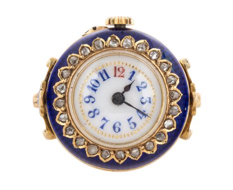 A SWISS YELLOW GOLD, ENAMEL AND DIAMOND WATCH RING, EARLY 20TH CENTURY the watch face surrounded by floral decoration, flanke