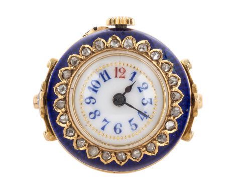 A SWISS YELLOW GOLD, ENAMEL AND DIAMOND WATCH RING, EARLY 20TH CENTURY the watch face surrounded by floral decoration, flanke