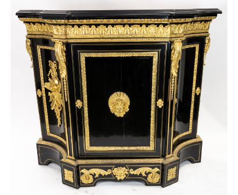 A LACQUER ORMOLU-MOUNTED COMMODE, LATE 19TH CENTURY with eared breakfront top, with ormolu bronze mounts: the apron with acan
