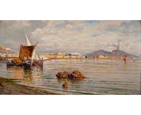 GIUSEPPE CARELLI (ITALIAN 1858-1921) Seascape of Napoli,  oil on panel 19 x 35 cm (7 1/2 x 13 6/8 in.) signed lower left  