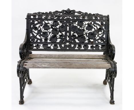 A TWO-PERSON WROUGHT IRON BENCH with openwork back and armrests with vine motifs; overall dimensions: 87.5 (h) x 93 (w) x 70 