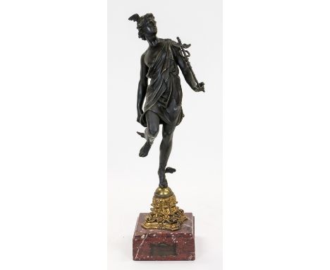 A BRONZE SCULPTURE OF HERMES, LATE 19TH CENTURY shown balancing on one leg on a half-spherical and spreading acanthus leaf ba
