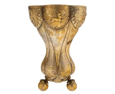 A CHINESE EXPORT ORMOLU BRONZE CHALICE, LATE 19TH CENTURY of lobed baluster form, the upper band decorated with Pan playing t
