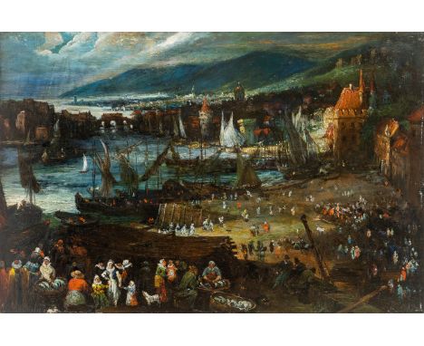 17TH CENTURY FLEMISH OLD MASTER AFTER JAN BRUEGHEL THE ELDER (FLEMISH 1568-1625) Harbor Scene,  oil on panel 41.3 x 62.5 cm (