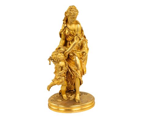AN ORMOLU BRONZE FIGURAL GROUP, LIKELY FRENCH, 19TH CENTURY modelled as the goddess Gaia with a child, bronze with gilt patin
