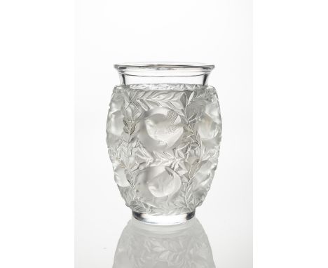 A LALIQUE 'BAGATELLE' VASE, DESIGNED CIRCA 1939 of ovoid form in molded frosted glass, featuring sparrows and foliage, signed