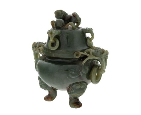 A CHINESE NEPHRITE JADE COVERED BOWL, LATE 19TH CENTURY squat, the cover featuring a dog and ball, with three suspending ring