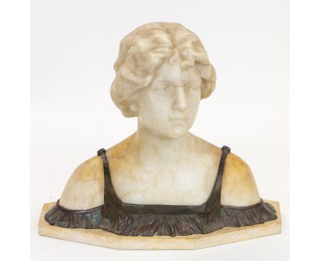 A BRONZE-MOUNTED ALABASTER BUST OF A WOMAN, EARLY 20TH CENTURY overall height: 38 cm (15 in.)  