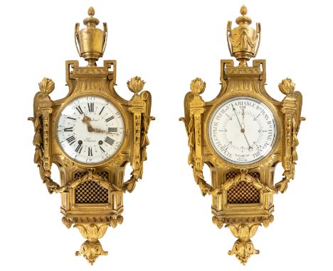 A FRENCH ORMOLU BRONZE WALL CLOCK AND BAROMETER, LATE 19TH CENTURY each flanked by a pair of columns with suspending wreaths,