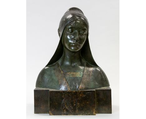 A BRONZE BUST OF A YOUNG WOMAN, EARLY 20TH CENTURY depicting a young woman, eyes downcast in contemplation, atop breakfront o