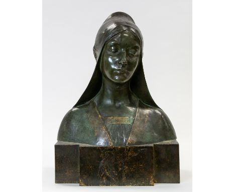 A BRONZE BUST OF A YOUNG WOMAN, EARLY 20TH CENTURY depicting a young woman, eyes downcast in contemplation, atop breakfront o