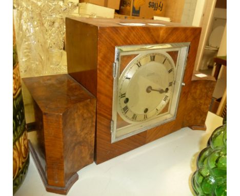 ARMSTRONG, MANCHESTER ART DECO WALNUTWOOD MANTEL CLOCK, WITH EIGHT DAYS STRIKING AND CHIMING MOVEMENT, IN STEPPED SIDED RECTA