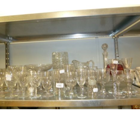 19TH CENTURY CUT AND OTHER GLASS WARES, STEM WINES ETC, INCLUDING A BALL AND SHAFT DECANTER, A PEDESTAL CAKE DISH AND A PAIR 