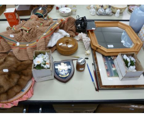 MIXED LOT TO INCLUDE; WALL MIRROR IN WOODEN FRAME, TABLE LIGHTER, NAPKIN RINGS, TRAVEL IRON BOXED, SOUVENIR DOLL ETC.... 