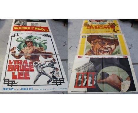 Three vintage Italian film billboard posters; 'Deillinger e' Morto', 199 x 139cm, 'L'Ira ddi Bruce Lee' and a further example