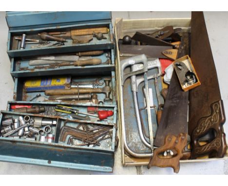 A Stanley 90J snub nose plane and one other, a small collection of vintage saws, socket sets etc.