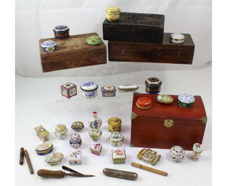 Four various vintage wooden boxes, three wooden needle cases, a small white metal cylindrical container, and a quantity of de