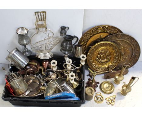 A quantity of plated and other metalware to include a five branch candelabra, a wine holding basket, various tankards etc.