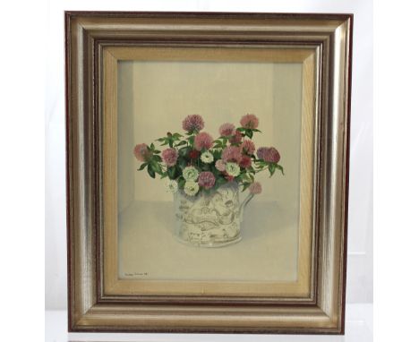 AUDREY JOHNSON (1918-2010); oil on board, botanical study of clover in ceramic tankard, signed lower left, dated 1981, artist