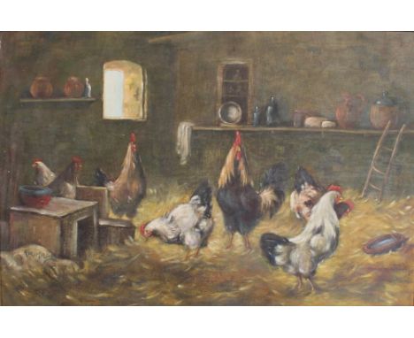 HOR MORLAND; mixed media on board, farmyard barn scene with hens in the foreground, vintage bottles plates and ladder in the 