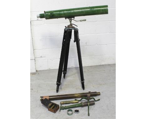 A vintage green painted scratch built telescope, a miniature green tripod and other accessories, and a brass example on large