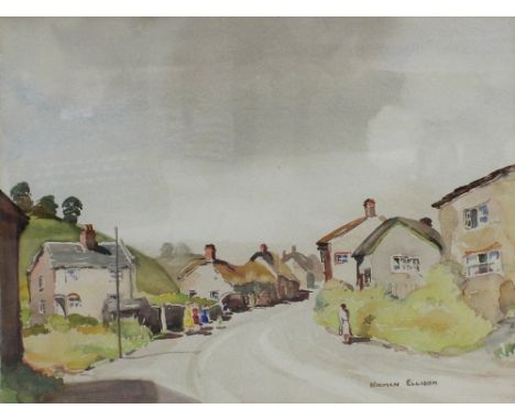 NORMAN ELLISON (British 20th century); watercolour, figural village scene with rolling hills in the background, signed lower-