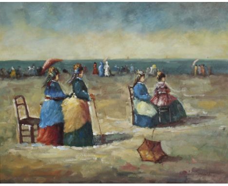 K CAROLE (English School); oil on board, Victorian ladies at the seaside, signed lower right, 50 x 59cm, framed.