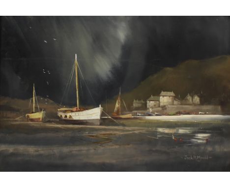 JACK R MOULD (1925-1998); oil on canvas, estuary scene of boats in from of a Cornish harbour at low tide, signed lower right,