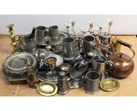 A quantity of metal and plated ware to include copper kettle, plated trays, bowls, candelabra, brass candlesticks, pewter mug